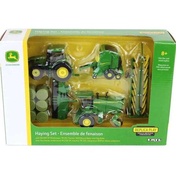 Manufacturer_ERTL Tractors | Implements<1/64 John Deere Haying Set w/ W235R Windrower, 7R 250 Tractor, Hay Rake, 561R Baler & 6 Bales