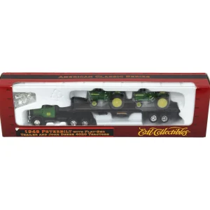 Manufacturer_ERTL Tractors<1/87 Peterbilt with Flatbed Trailer and 2 John Deere 4020 Narrow Front Tractors