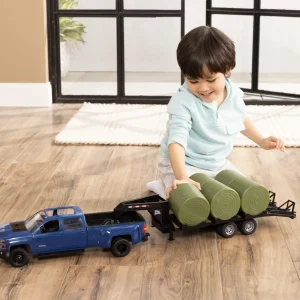 Manufacturer_ERTL Pickup Trucks<(B&D) - 1/16 ERTL Big Farm Blue Chevrolet Pickup Truck with Trailer & 6 Round Bales - Damaged Item