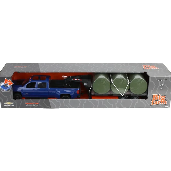 Manufacturer_ERTL Pickup Trucks<(B&D) - 1/16 ERTL Big Farm Blue Chevrolet Pickup Truck with Trailer & 6 Round Bales - Damaged Item