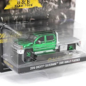 Manufacturer_Greenlight Collectibles Pickup Trucks<(B&D) - Green Chrome Chase Unit ~ 1/64 2016 Chevrolet Silverado 3500 Flatbed Dually, Blue, B&B Toys Exclusive - Damaged Item