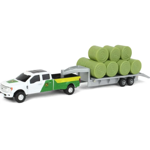 Manufacturer_ERTL Pickup Trucks<(B&D) 1/64 John Deere Ford F-350 Pickup & Trailer with 11 Round Bales - Damaged Box