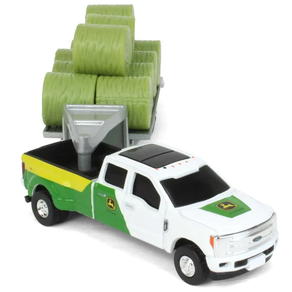 Manufacturer_ERTL Pickup Trucks<(B&D) 1/64 John Deere Ford F-350 Pickup & Trailer with 11 Round Bales - Damaged Box
