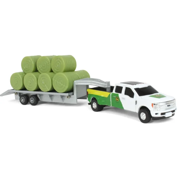 Manufacturer_ERTL Pickup Trucks<(B&D) 1/64 John Deere Ford F-350 Pickup & Trailer with 11 Round Bales - Damaged Box