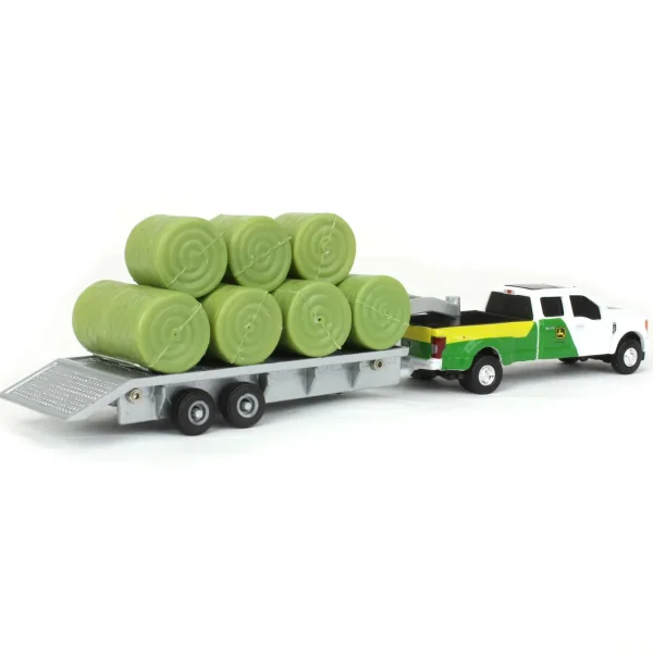Manufacturer_ERTL Pickup Trucks<(B&D) 1/64 John Deere Ford F-350 Pickup & Trailer with 11 Round Bales - Damaged Box