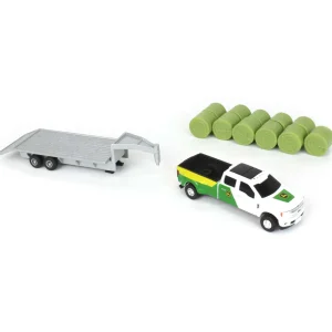 Manufacturer_ERTL Pickup Trucks<(B&D) 1/64 John Deere Ford F-350 Pickup & Trailer with 11 Round Bales - Damaged Box