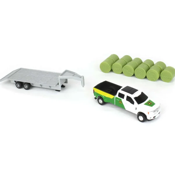 Manufacturer_ERTL Pickup Trucks<(B&D) 1/64 John Deere Ford F-350 Pickup & Trailer with 11 Round Bales - Damaged Box