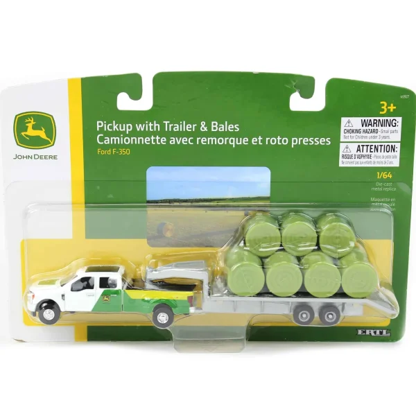 Manufacturer_ERTL Pickup Trucks<(B&D) 1/64 John Deere Ford F-350 Pickup & Trailer with 11 Round Bales - Damaged Box