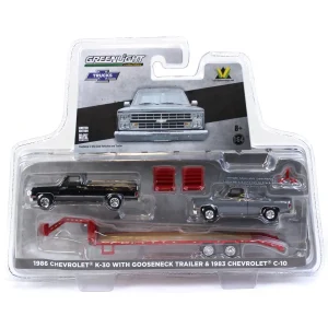 Manufacturer_Greenlight Collectibles Lowboys & Flatbeds<1/64 Black 1986 Chevy K-30 Longbed with Gooseneck & Project Truck, Greenlight Exclusive