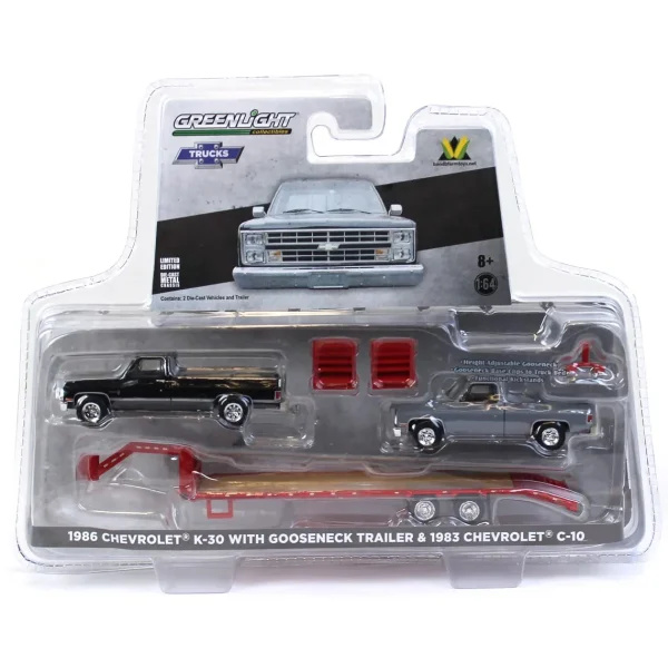 Manufacturer_Greenlight Collectibles Lowboys & Flatbeds<1/64 Black 1986 Chevy K-30 Longbed with Gooseneck & Project Truck, Greenlight Exclusive