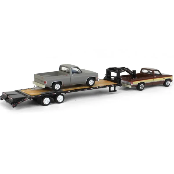Manufacturer_Greenlight Collectibles Lowboys & Flatbeds | Pickup Trucks<1/64 Brown & Tan 1986 Chevy K-30 Longbed with Gooseneck & Project Truck, Greenlight Exclusive