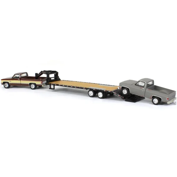 Manufacturer_Greenlight Collectibles Lowboys & Flatbeds | Pickup Trucks<1/64 Brown & Tan 1986 Chevy K-30 Longbed with Gooseneck & Project Truck, Greenlight Exclusive