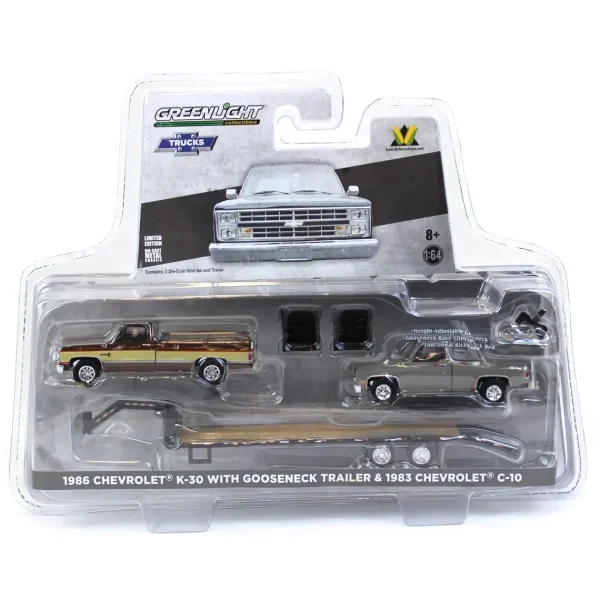 Manufacturer_Greenlight Collectibles Lowboys & Flatbeds | Pickup Trucks<1/64 Brown & Tan 1986 Chevy K-30 Longbed with Gooseneck & Project Truck, Greenlight Exclusive