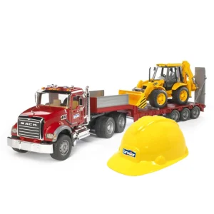 Outback Toys Lowboys & Flatbeds<Bruder Mack Semi Granite Low Loader with JCB Backhoe & Hard Hat Kit