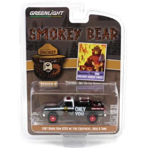 Manufacturer_Greenlight Collectibles Cars & Suvs | Pickup Trucks<Charcoal Chrome Super Chase ~ 1/64 1987 Dodge Ram D250 with Fire Equipment, Hose & Tank, Smokey Bear Series 4