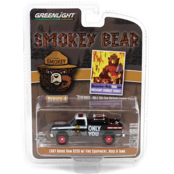 Manufacturer_Greenlight Collectibles Cars & Suvs | Pickup Trucks<Charcoal Chrome Super Chase ~ 1/64 1987 Dodge Ram D250 with Fire Equipment, Hose & Tank, Smokey Bear Series 4