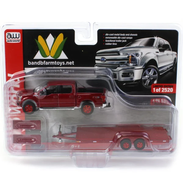 Manufacturer_Auto World Pickup Trucks<Chase Unit ~ 1/64 Cherry Red 2019 Ford F-150 with Red Trailer & Red Wheels by Auto World