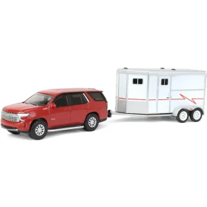 Manufacturer_Greenlight Collectibles Agricultural Trucks<1/64 Cherry Red 2021 Chevrolet Tahoe with Horse Trailer, Hitch & Tow Series 23