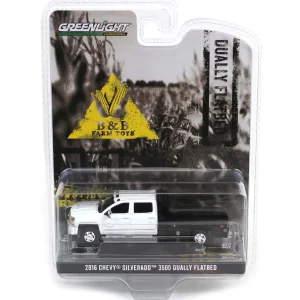 Manufacturer_Greenlight Collectibles Lowboys & Flatbeds | Pickup Trucks<1/64 2016 Chevrolet Silverado 3500 Flatbed Dually, White, B&B Toys Exclusive