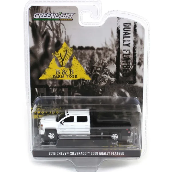 Manufacturer_Greenlight Collectibles Lowboys & Flatbeds | Pickup Trucks<1/64 2016 Chevrolet Silverado 3500 Flatbed Dually, White, B&B Toys Exclusive