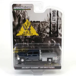 Manufacturer_Greenlight Collectibles Lowboys & Flatbeds | Pickup Trucks<1/64 2016 Chevrolet Silverado 3500 Flatbed Dually, Blue, B&B Toys Exclusive