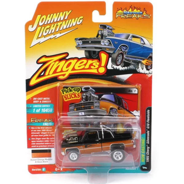 Manufacturer_Auto World Pickup Trucks<1/64 1985 Chevrolet Silverado, Black and Orange, Zingers, Johnny Lightning