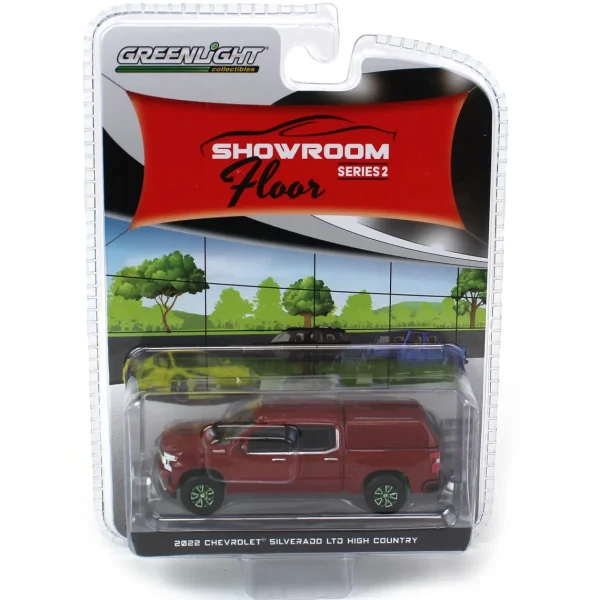 Manufacturer_Greenlight Collectibles Pickup Trucks<1/64 '22 Chevrolet Silverado LTD High Country w/ Camper Shell, Cherry Red, Showroom Floor Series 2 - Green Machine