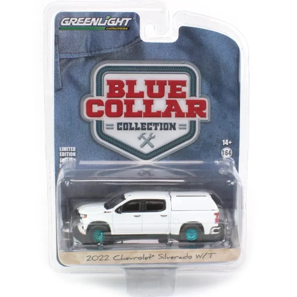 Manufacturer_Greenlight Collectibles Pickup Trucks<1/64 2022 Chevrolet Silverado WT with Camper Shell, Summit White, Blue Collar Series 11--CHASE UNIT