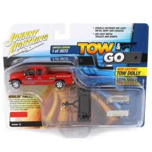 Manufacturer_Auto World Cars & Suvs | Pickup Trucks<1/64 2002 Chevy Silverado with Two Dolly, 1st Class Auto Salvage Inc., Johnny Lightning Tow & Go