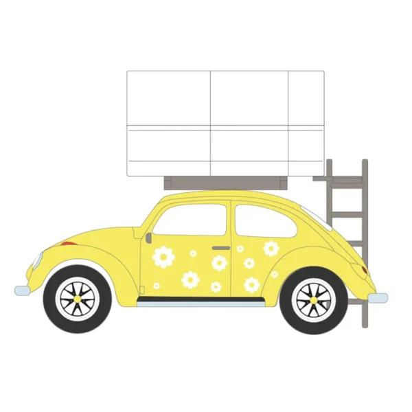 Manufacturer_Greenlight Collectibles Cars & Suvs<1/64 Classic Volkswagen Beetle, Yellow Flower Power with Camp'otel Cartop Sleeper Tent, The Great Outdoors Series 4