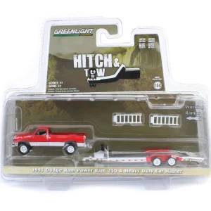 Manufacturer_Greenlight Collectibles Cars & Suvs | Pickup Trucks<1/64 1991 Dodge Ram Power Ram 250 with Heavy Duty Car Hauler, Hitch & Tow Series 31