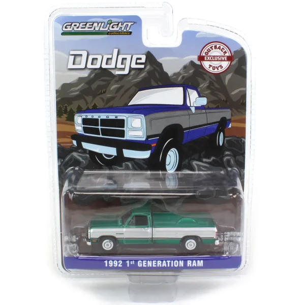 Manufacturer_Greenlight Collectibles Pickup Trucks<1/64 1992 Dodge Ram 1st Generation, Blue & Silver, Outback Toys Exclusive - Green Machine