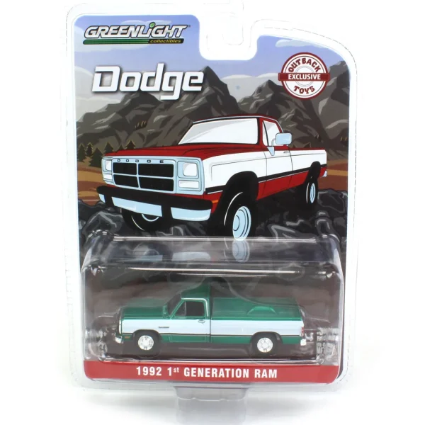 Manufacturer_Greenlight Collectibles Pickup Trucks<1/64 1992 Dodge Ram 1st Generation, Red & White, Outback Toys Exclusive - Green Machine