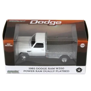 Manufacturer_Greenlight Collectibles Lowboys & Flatbeds | Pickup Trucks<1/64 1985 Dodge Ram W350 Dually Flatbed Pickup Truck, White with Silver Flatbed, Diecast Direct Exclusive