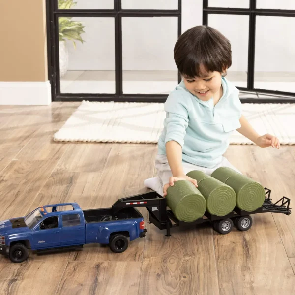 Manufacturer_ERTL Lowboys & Flatbeds | Pickup Trucks<1/16 ERTL Big Farm Blue Chevrolet Pickup Truck with Trailer & 6 Round Bales