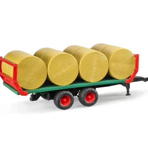 Manufacturer_Bruder Toys Implements<1/16 Flat Wagon Bale Carrier with 8 Round Bales by Bruder