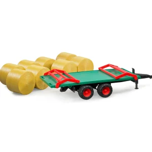 Manufacturer_Bruder Toys Implements<1/16 Flat Wagon Bale Carrier with 8 Round Bales by Bruder