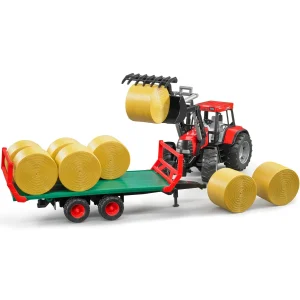 Manufacturer_Bruder Toys Implements<1/16 Flat Wagon Bale Carrier with 8 Round Bales by Bruder