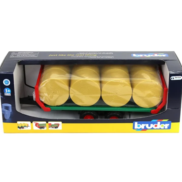Manufacturer_Bruder Toys Implements<1/16 Flat Wagon Bale Carrier with 8 Round Bales by Bruder