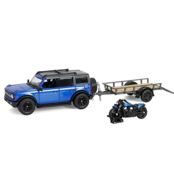 Manufacturer_Greenlight Collectibles Cars & Suvs<1/64 2021 Ford Bronco Black Diamond with Utility Trailer & Motorcycle, Velocity Blue, Hitch & Tow Series 32