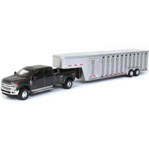 Manufacturer_Greenlight Collectibles Agricultural Trucks<1/64 2019 Ford F-350, Magnetic Silver with Silver 3 Hole Gooseneck Livestock Trailer