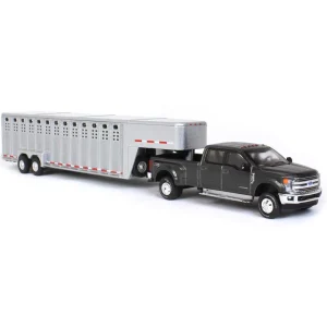 Manufacturer_Greenlight Collectibles Agricultural Trucks<1/64 2019 Ford F-350, Magnetic Silver with Silver 3 Hole Gooseneck Livestock Trailer