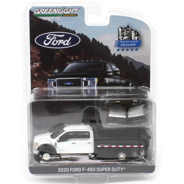 Manufacturer_Greenlight Collectibles Dump Trucks | Pickup Trucks<1/64 2020 Ford F-450 XLT Super Duty Dually with V-Plow & Dump Bed, Oxford White, Town & Country Exclusive