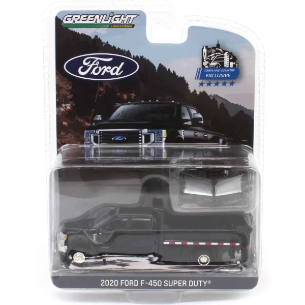 Manufacturer_Greenlight Collectibles Dump Trucks | Pickup Trucks<1/64 2020 Ford F-450 XLT Super Duty Dually with V-Plow & Dump Bed, Agate Black, Town & Country Exclusive
