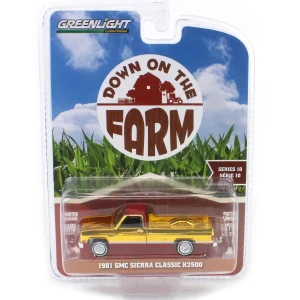 Manufacturer_Greenlight Collectibles Pickup Trucks<Gold Chrome Super Chase ~ 1/64 1981 GMC Sierra Classic K2500, Neutral & Dark Carmine Red Deluxe Two-Tone, Down on the Farm Series 10