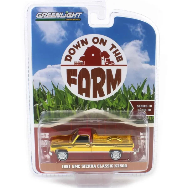 Manufacturer_Greenlight Collectibles Pickup Trucks<Gold Chrome Super Chase ~ 1/64 1981 GMC Sierra Classic K2500, Neutral & Dark Carmine Red Deluxe Two-Tone, Down on the Farm Series 10