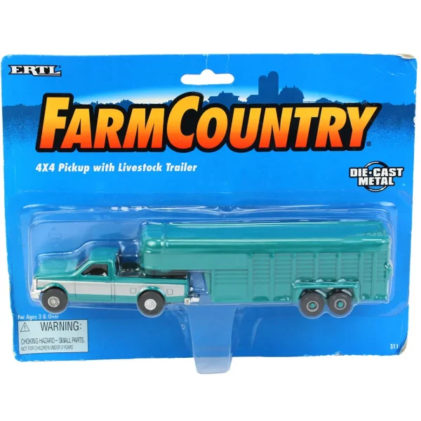 Manufacturer_ERTL Agricultural Trucks | Pickup Trucks<1/64 Green & Silver Ford F-250 4x4 Pickup with Gooseneck Livestock Trailer by ERTL