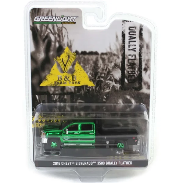 Manufacturer_Greenlight Collectibles Lowboys & Flatbeds | Pickup Trucks<Green Chrome Chase Unit ~ 1/64 2016 Chevrolet Silverado 3500 Flatbed Dually, White, B&B Toys Exclusive