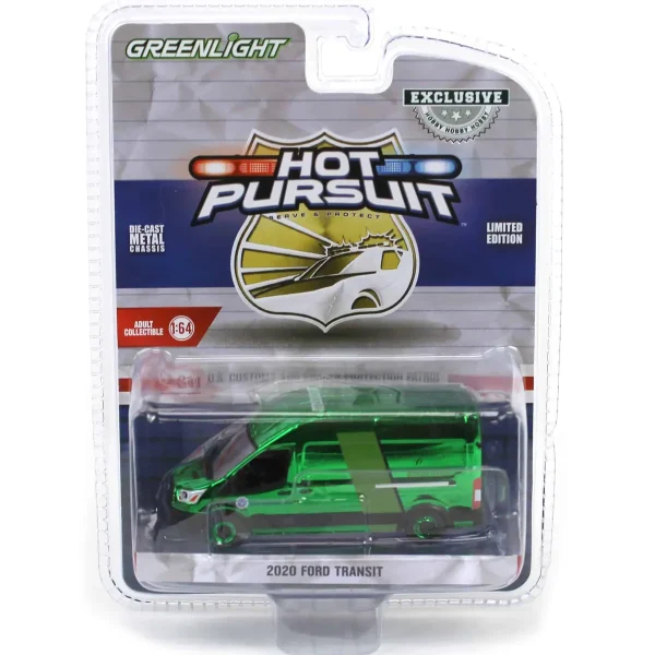 Manufacturer_Greenlight Collectibles Cars & Suvs | Emergency Vehicles<Green Chrome Super Chase ~ 1/64 2020 Ford Transit LWB High Roof, US Customs & Border Patrol, Hot Pursuit Special Edition