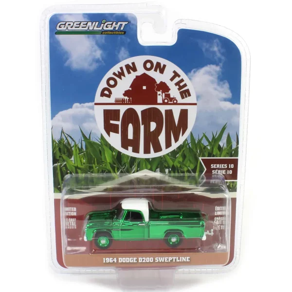 Manufacturer_Greenlight Collectibles Pickup Trucks<Green Chrome Super Chase ~ 1/64 1964 Dodge D-200 Sweptline, Turf Green & White, Down on the Farm Series 10